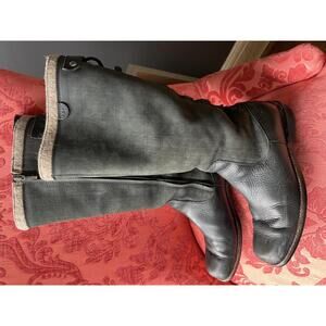 UGG Black Tall Leather and Fabric Lace-Up Boots with Wool Lining